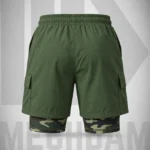 Back view of olive 2-in-1 cargo shorts with side pockets and a camouflage compression liner.