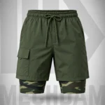 Front view of olive 2-in-1 cargo shorts with a drawstring waist, cargo pocket and camouflage liner.