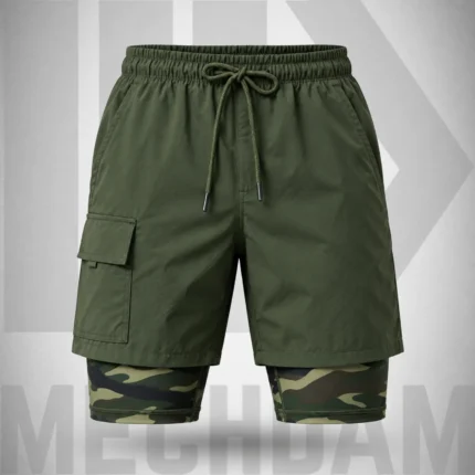 Front view of olive 2-in-1 cargo shorts with a drawstring waist, cargo pocket and camouflage liner.