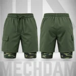 Front and back views of olive 2-in-1 cargo shorts with an integrated camouflage compression liner.