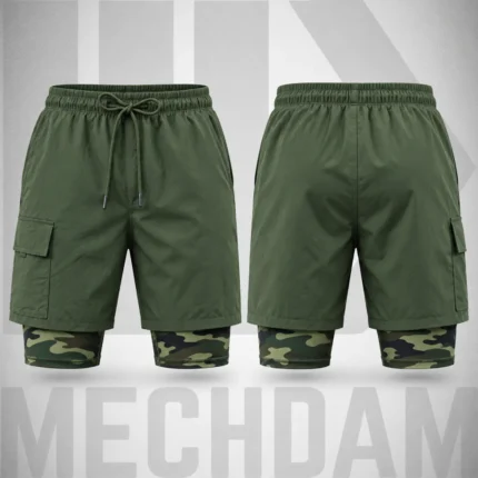 Front and back views of olive 2-in-1 cargo shorts with an integrated camouflage compression liner.