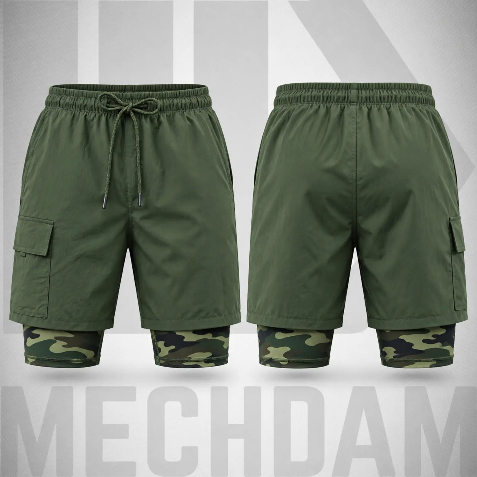 MECHDAM 2-in-1 Cargo Shorts – Front and Back Front and back views of olive 2-in-1 cargo shorts with an integrated camouflage compression liner.