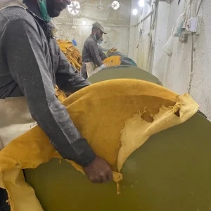 Workers unloading yellow tanned leather hides from industrial drums for protective glove manufacturing.