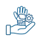 MECHDAM work glove manufacturing process icon with industrial glove, gear and supporting hand.