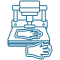Precision cutting press shaping industrial work-glove components from layered material.